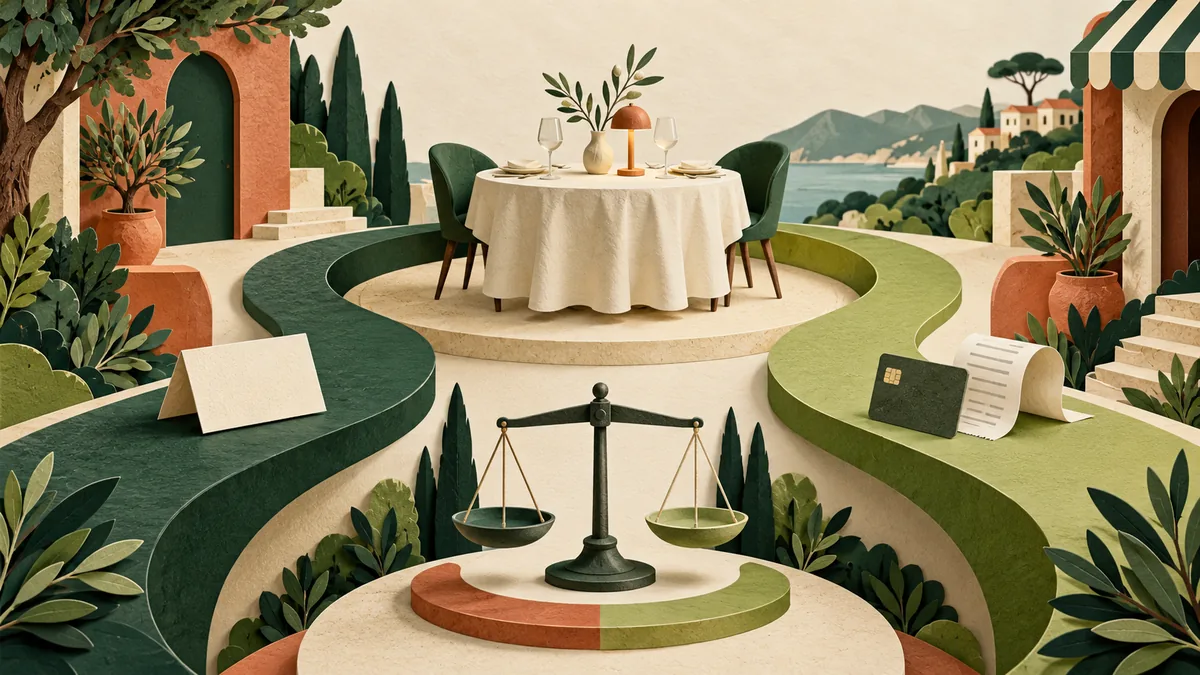 Editorial illustration of reservation and payment routes leading to a restaurant table beside a balance scale.