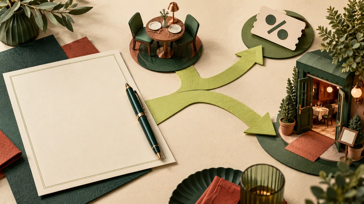 Editorial illustration of an unsigned agreement beside a restaurant model and alternative customer paths.
