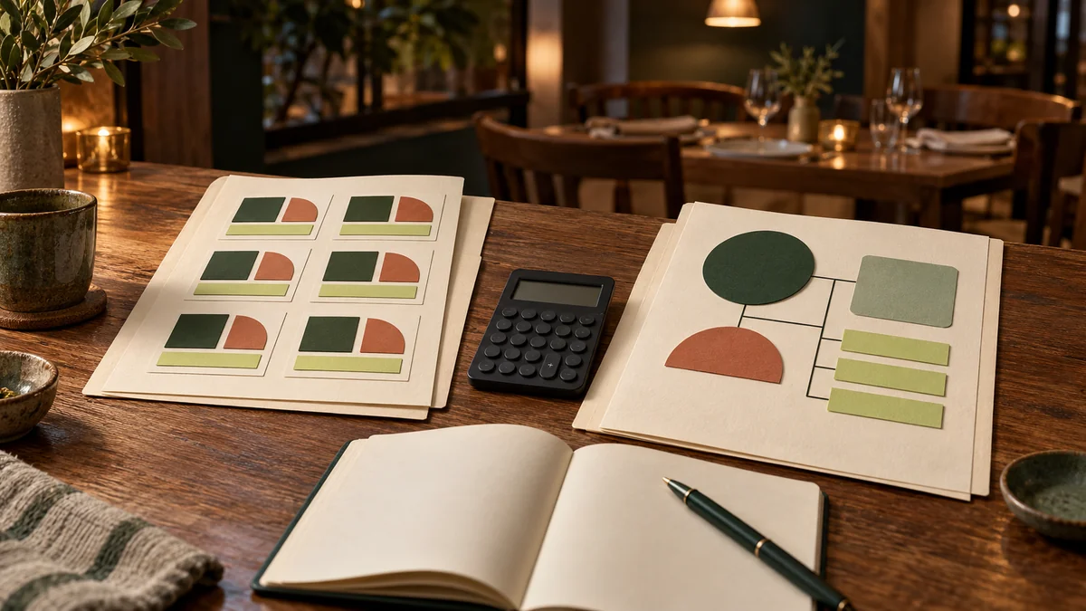 Editorial illustration of a restaurant workspace with two reporting folders, a calculator and an open notebook for a build-versus-buy comparison.